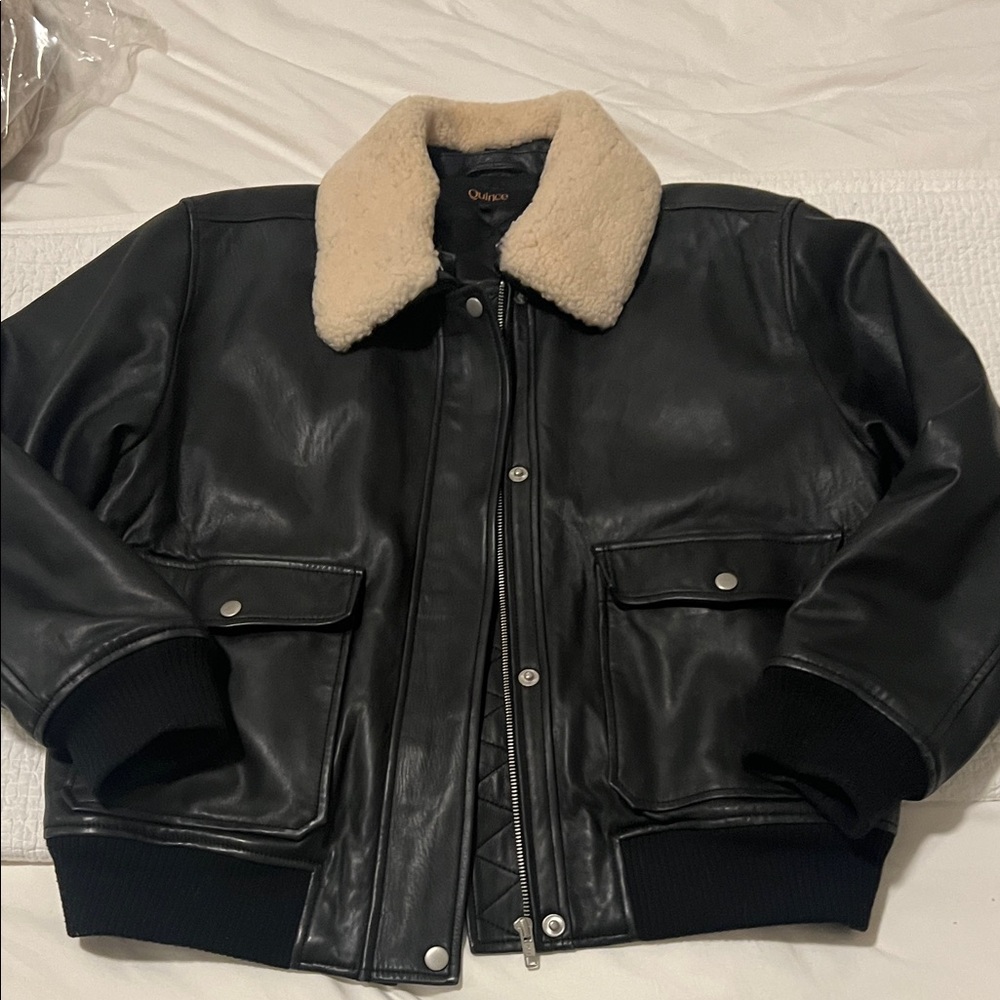 Quince Black 100% Leather Shearling Trim Aviator Jacket Bomber - Picture 5 of 12